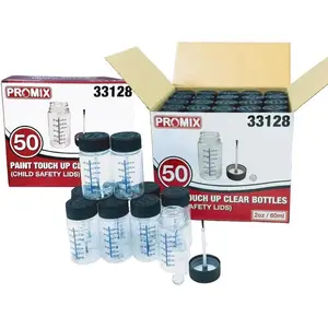 Promix Touch Up Paint Bottles 2oz (Box of 50) – With Child Safety Lids, Mixing Balls, Gradient Markings & Brushes – Solvent-Resistant PET – Car Paint Chip Repair & Scratch Fix Containers
