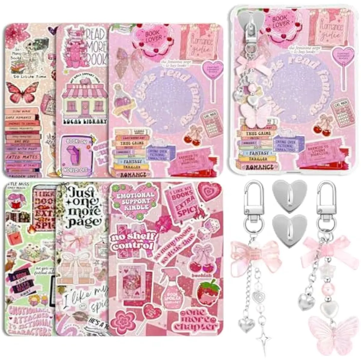 6Pcs Inserts Cardstock for Clear Case 2Pcs E-reader Charms Bracelets Decor for Women Reader Booklovers Pink Theme Back Cover Inserts for Kindle 11-12th Generation (6.8"x4.8")