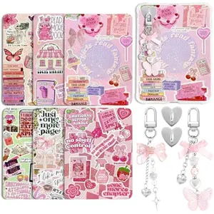 6Pcs Inserts Cardstock for Clear Case 2Pcs E-reader Charms Bracelets Decor for Women Reader Booklovers Pink Theme Back Cover Inserts for Kindle 11-12th Generation (6.8"x4.8")