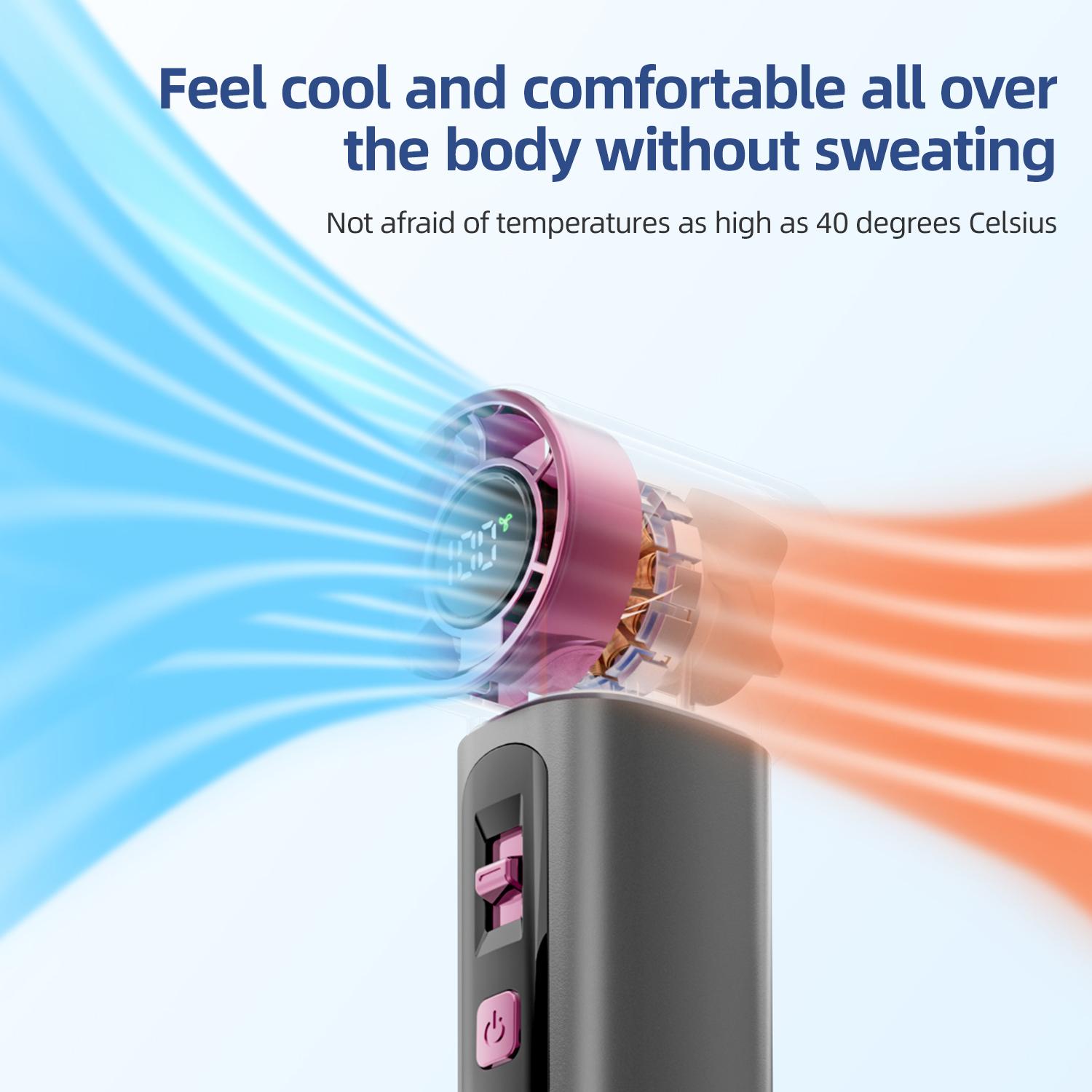Mini handheld fan—portable and practical—featuring 100 speeds and powerful airflow. It features a digital LED display, Type-C charging, and a long-lasting battery. Ideal for outdoor use, work, and travel. Usb Protection