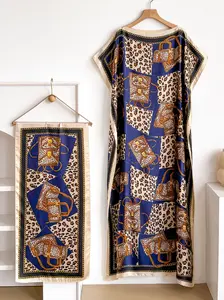 Elegant Bohemian Style Long Robe Set, Multicolor Leopard Print Shawl Dress + Headscarf Scarf, Women's Beach Sun Protection Satin Silk, Outfit, Lady