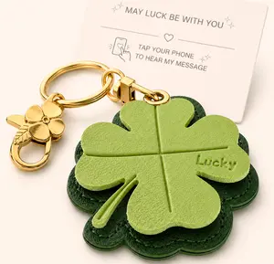 Personalized Voice Message Lucky Clover AirTag Holder Keychain, Car Key Bag Charm, Father’s Day Gift for Dad from Daughter Son