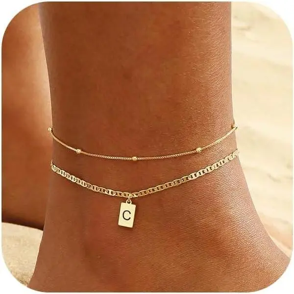Women's Synthetic Initial Ankle Bracelets - Handmade Layered Bead Link Tag Design, Aesthetic Personalized Jewelry Gift for Everyday Female Wear