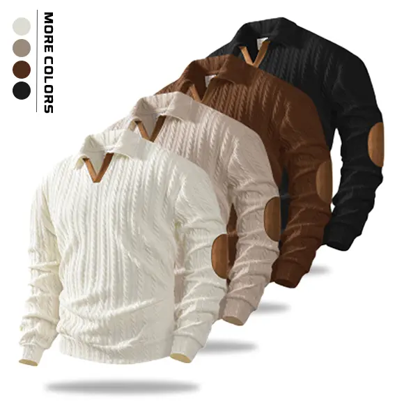Men’s Cable Knit Polo Sweater – Available in multiple colors, elbow patches, V-neck polo collar, a fall layering essential for everyday casual wear