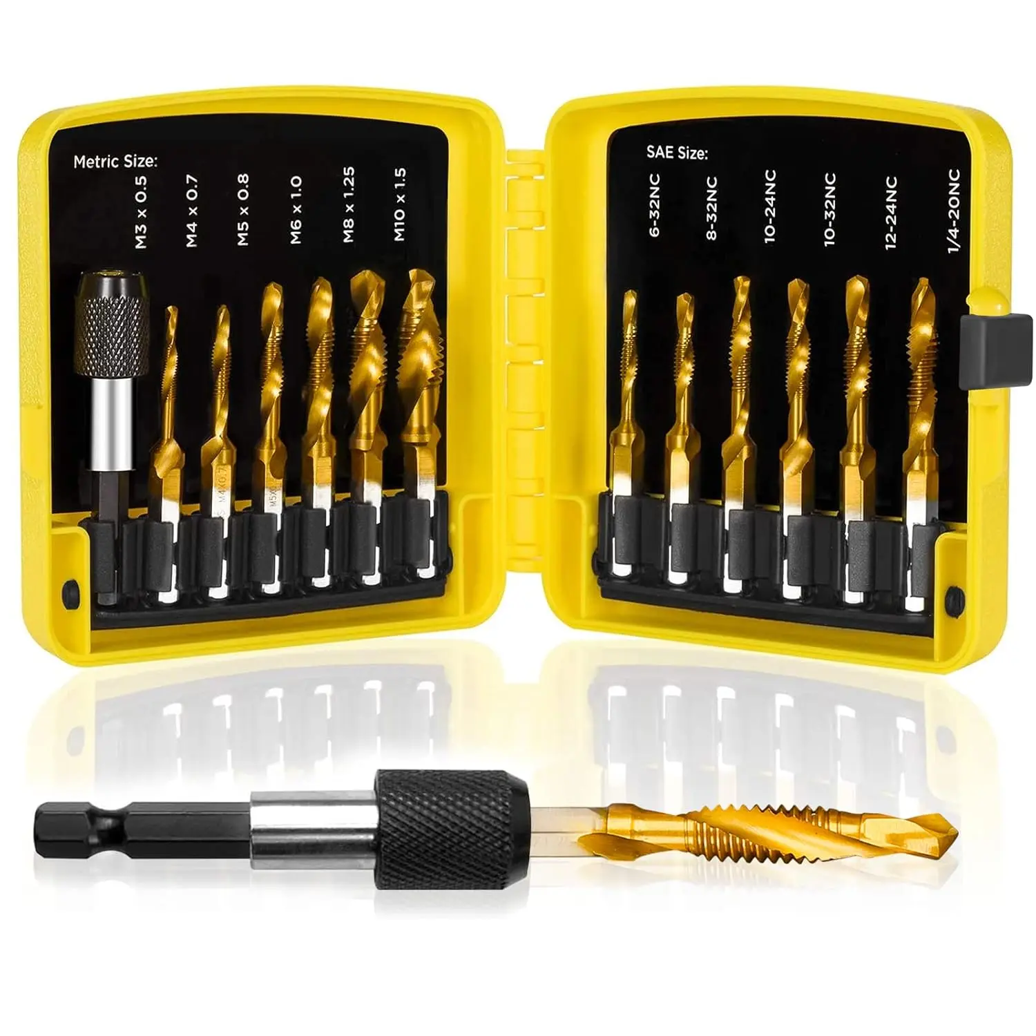Tap Bit Set, 3-in-1 HSS Titanium Coated Combination Drill and Tap Set for Drilling, Tapping and Countersinking, SAE/Metric Threading Drill bit Kit with Quick-Change Adapter, 13-