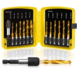 Tap Bit Set, 3-in-1 HSS Titanium Coated Combination Drill and Tap Set for Drilling, Tapping and Countersinking, SAE/Metric Threading Drill bit Kit with Quick-Change Adapter, 13-