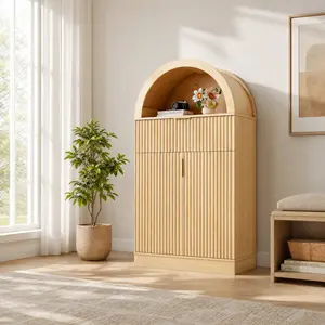wanan Curved Modern Storage Cabinet (with Three Drawers), Compact Bathroom Cabinet, freestanding Storage Cabinet, Suitable for Kitchens, Living Rooms, Dining Rooms, and bathrooms, Wood Grain