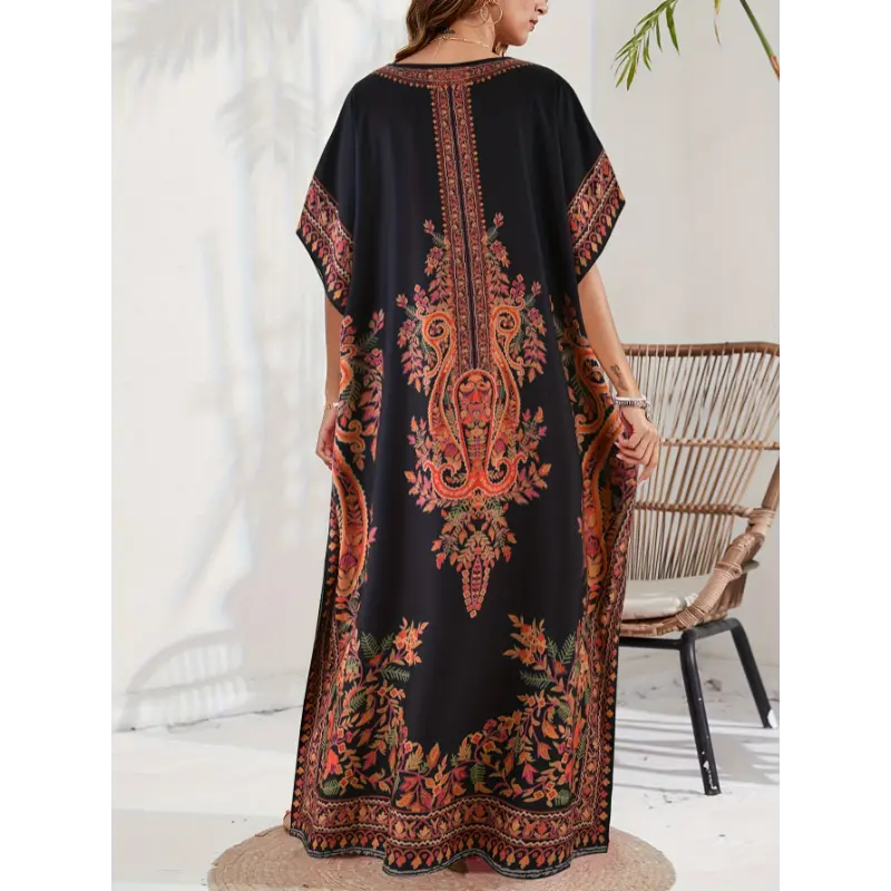 Bohemian style Women'S Middle Eastern Abaya, Muslim Casual V-Neck Beach Kaftan, Bohemian Dress, Polyester, Non-Stretch, Ethnic Pattern, Long Length, Split, Loose Fit, Woven Fabric, All Seasons