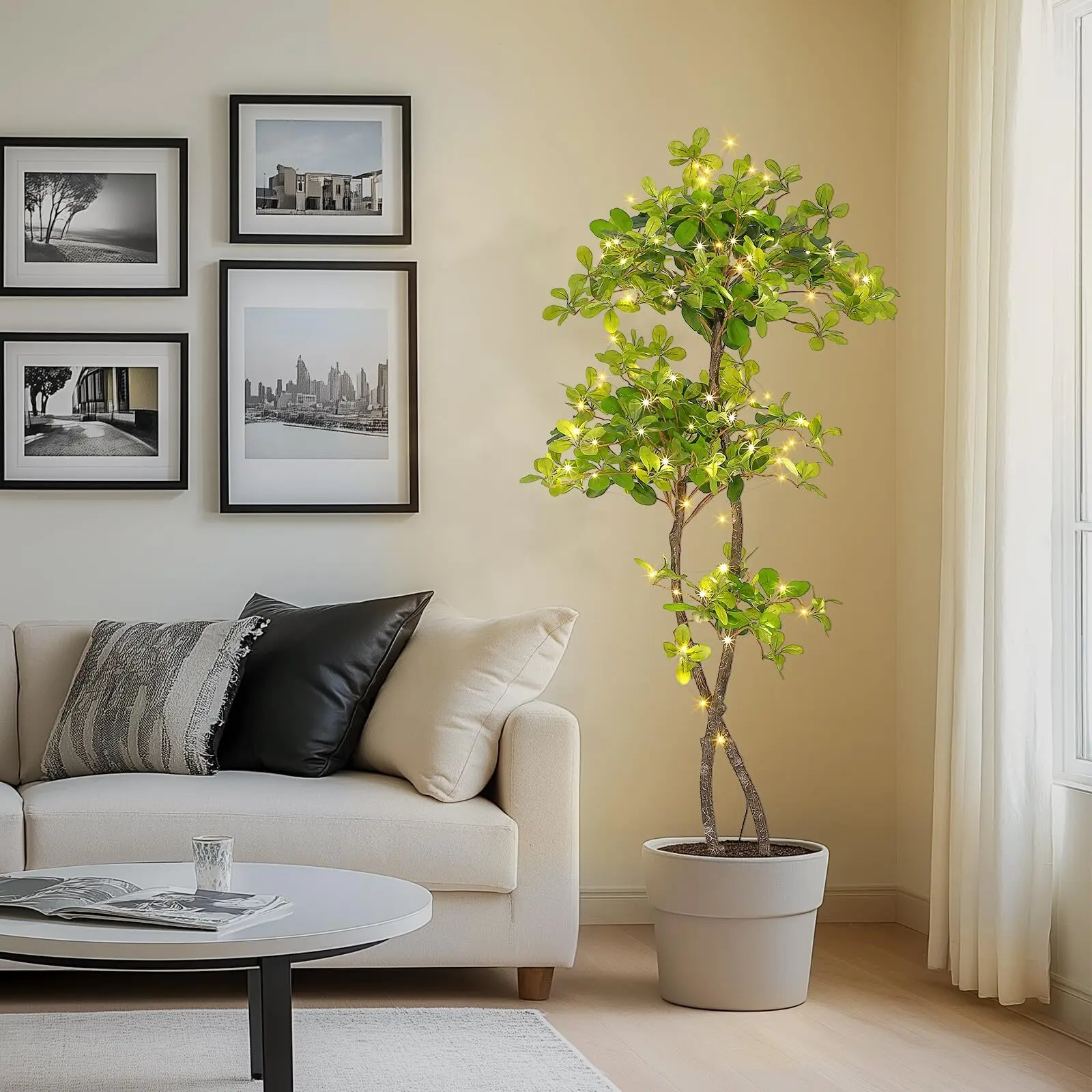Artificial Plants Indoor, 5FT Fake Black Olive Tree with 50 LED Lights Tall Fake Plants in Plastic Nursery Pot Fake Tree Artificial Trees for Home Decor Office Living Room Decorative Fruit Faux Ornaments
