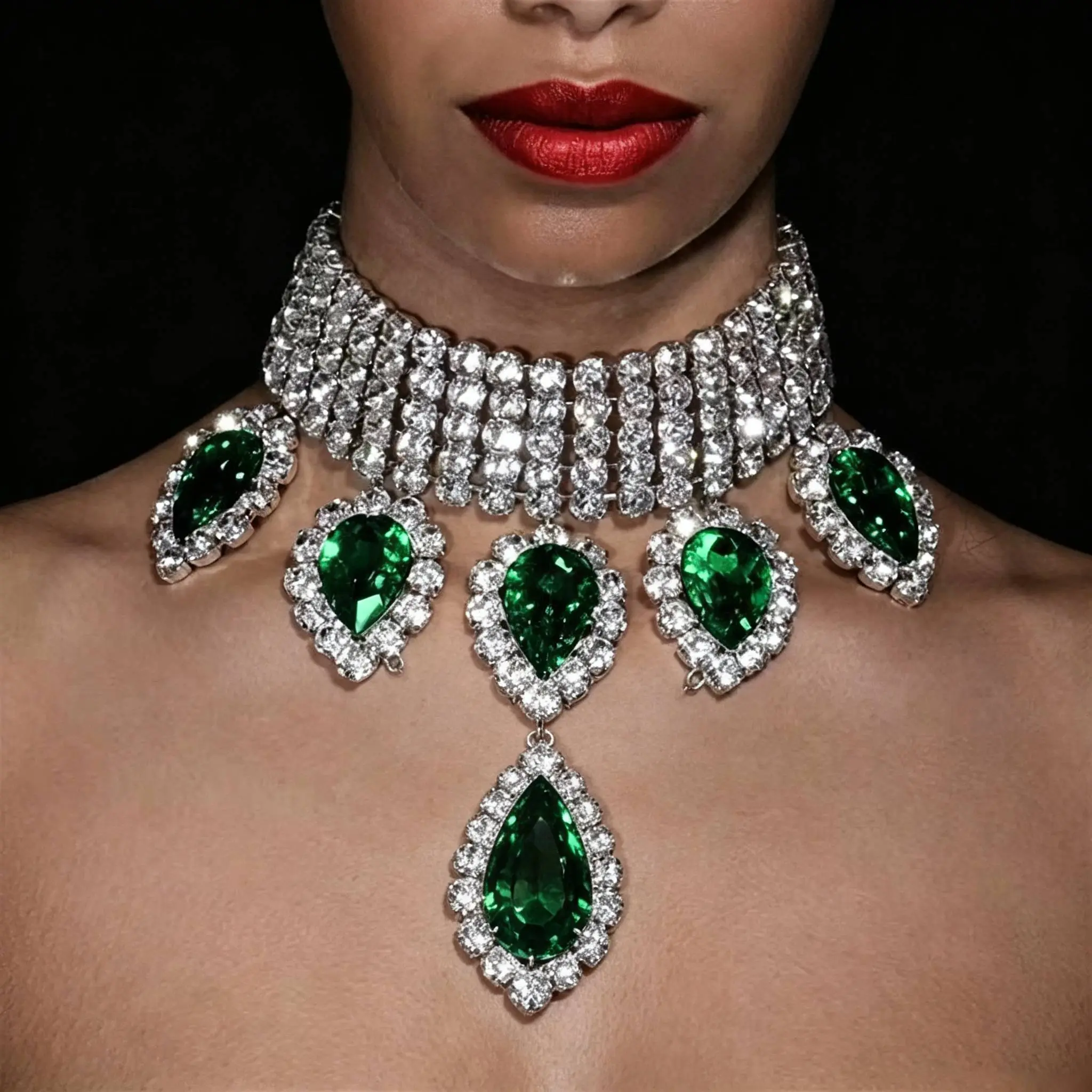 Non-Natural Crystal Luxury Emerald-Diamond Teardrop Necklace, Elegant Sparkling Stones for Special Occasions