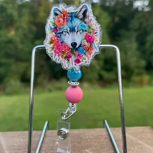 Colorful Wolfe and Flowers Beaded Badge Reels with Pink Bead Accent and Clear Clip Attachment