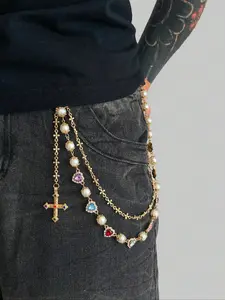 Vintage Elegant Multi-Color Crystal & Faux Pearl Zinc Alloy Pants Chain, Unisex Design Punk Hip-Hop Style Accessory, Decorative Pants Belt, Maximalist Jewelry