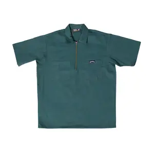 Men's Forest Green Half-Zip Cotton Casual Short-Sleeve Shirt, Menswear Clothes with Zipper and Pocket