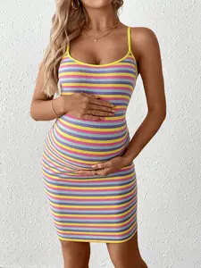 ROSY x Summer Maternity Clothes Maternity Dresses  Maternity Striped Bodycon Casual Sleeveless Dress Pregnancy Dress Maternity Bodycon Dress Bump Friendly Striped Dress Summer Maternity Dress Striped Bodycon Dress Bodycon Maternity Dress Striped Maternity