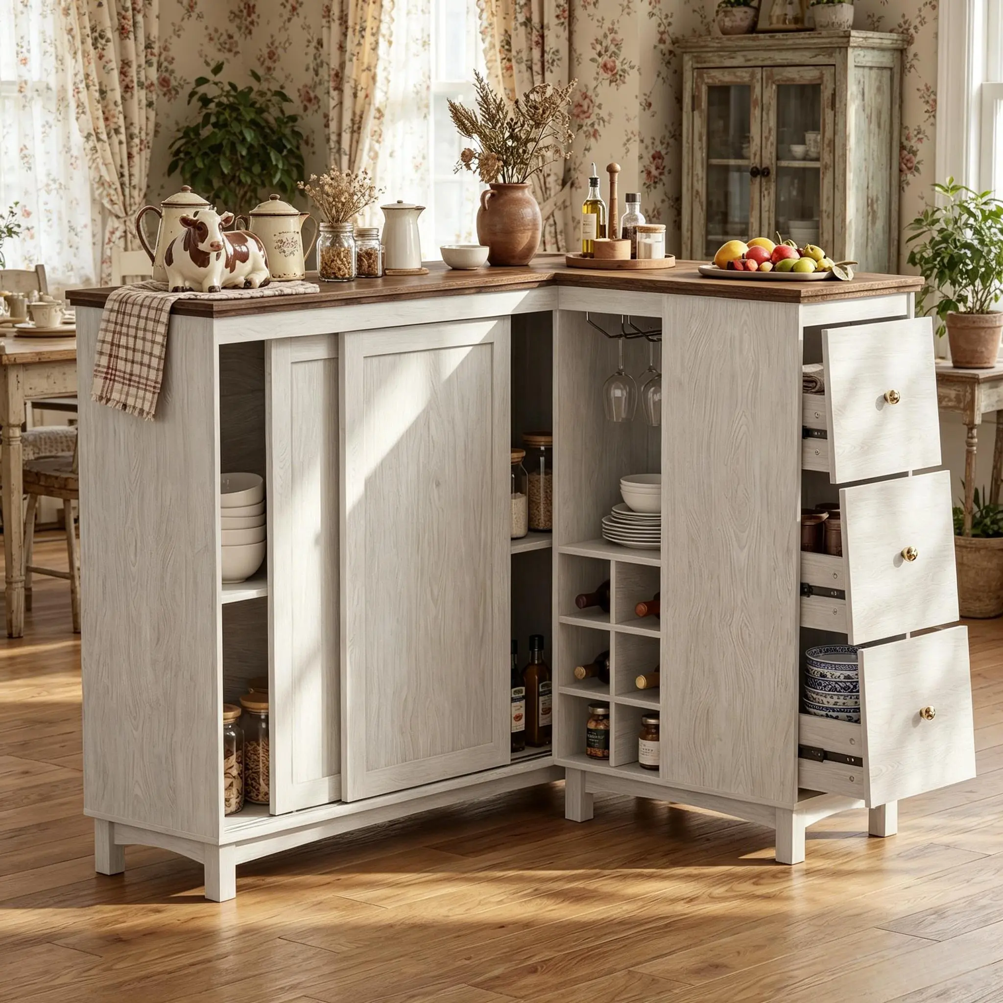 Gyfimoie Corner Cabinet with Charging Station, Kitchen Pantry Cabinet with Sliding Doors, Farmhouse Food Pantry with Glass Holder & Wine Rack, L-Shaped Sideboard Cabinet for Dining Room