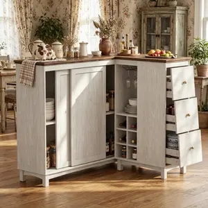 Corner Cabinet with Charging Station, Kitchen Pantry Cabinet with Sliding Doors, Farmhouse Food Pantry with Glass Holder & Wine Rack, L-Shaped Sideboard Cabinet for Dining Room
