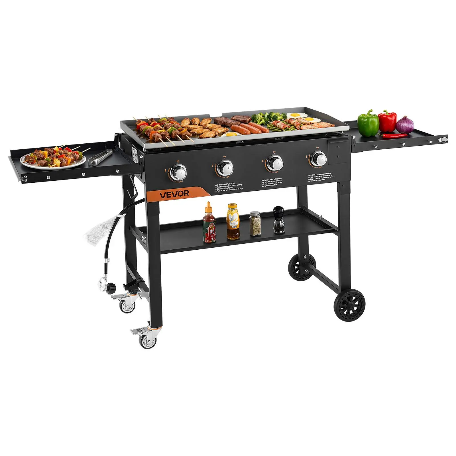 VEVOR 36-in Cast Iron Gas Griddle - 4-Burner Expandable Flat Top Barbecue Grill with Foldable Plate, Dual Wheels, 60000 BTU, Pulse Ignition - All-Seasons Outdoor Propane Grill for Griddle Cooking, Father's Day Gifting