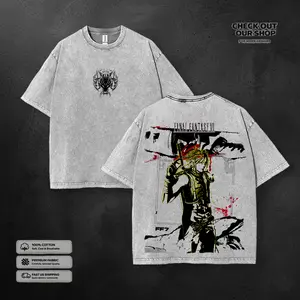 Cloud Strife - Final Fantasy VII Washed T-shirt, Vintage FF7 Game Graphic Streetwear Tee, Unisex Heavyweight Cotton T-shirt for Game Fans