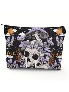 Mystical Mushroom Forest Makeup Bag, makeup organizer pouch, Skull Star Moon Sun Elements, Large Capacity Foldable Washbag, Perfect Christmas New Year Birthday Gift