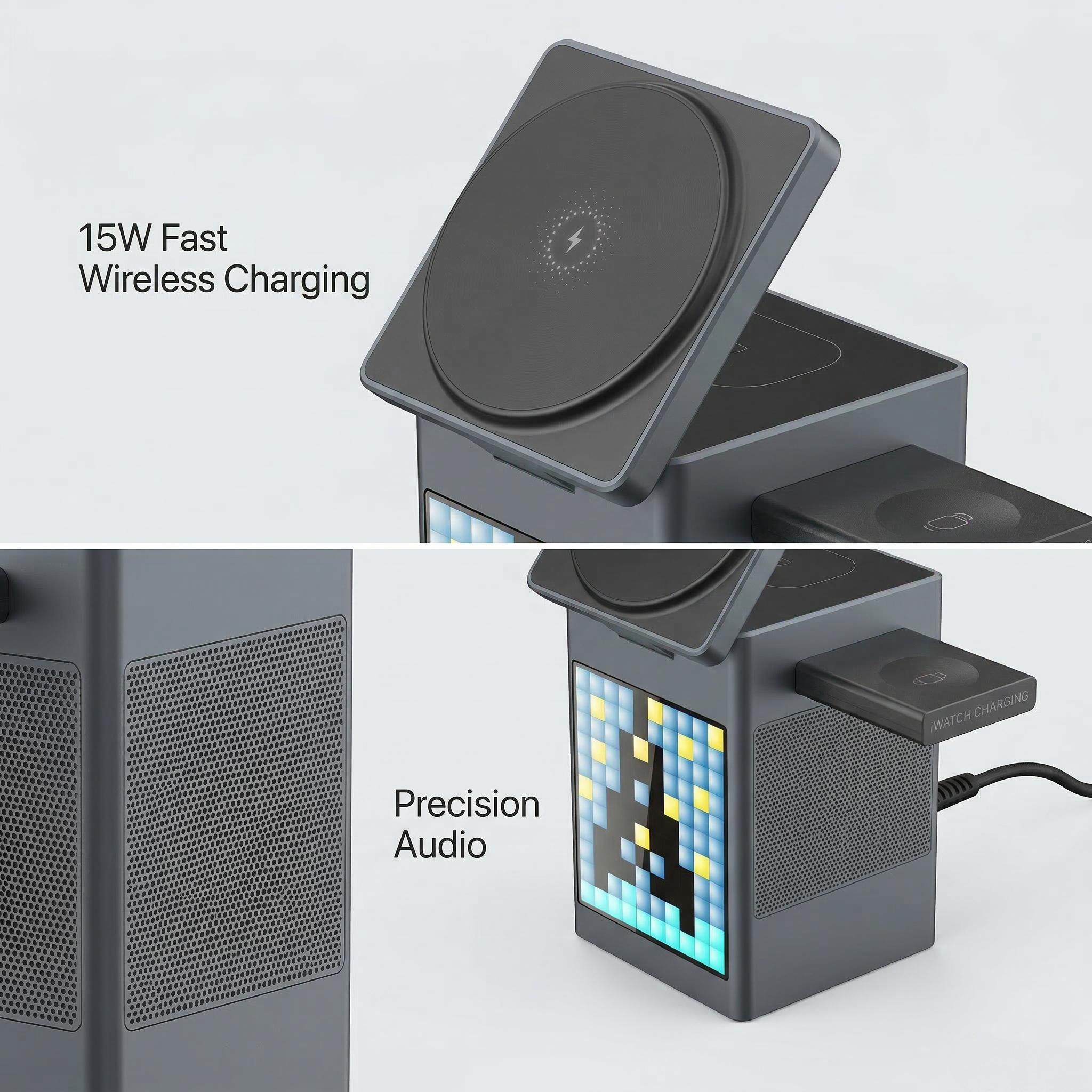 6-in-1 MagSafe-Compatible Magnetic Charger | with Clock & Pixel Display | Multi-Device Desktop Charging Station | Smart Travel Companion for March Madness, Spring Break, World Cup & Easter