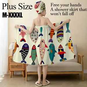 Fun and colorful little fish bath skirt set, plus size M-XXXXL, non-slip adjustable shower wrap skirt, multi-purpose SPA bathrobe, suitable for summer beach, bathroom, pool, beach and women's use