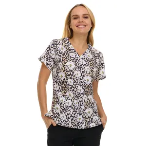 Medichic Kendall Daisy Cheetah Printed V-Neck Scrub Top