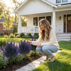 Realistic 21.66 Inch Lavender Artificial Plant with Ground Spike | UV-Resistant Plastic Faux Flower for Outdoor Garden Porch Balcony | Maintenance-Free Landscaping Accent for Homeowners | US Thanksgiving Holiday Decor Ready