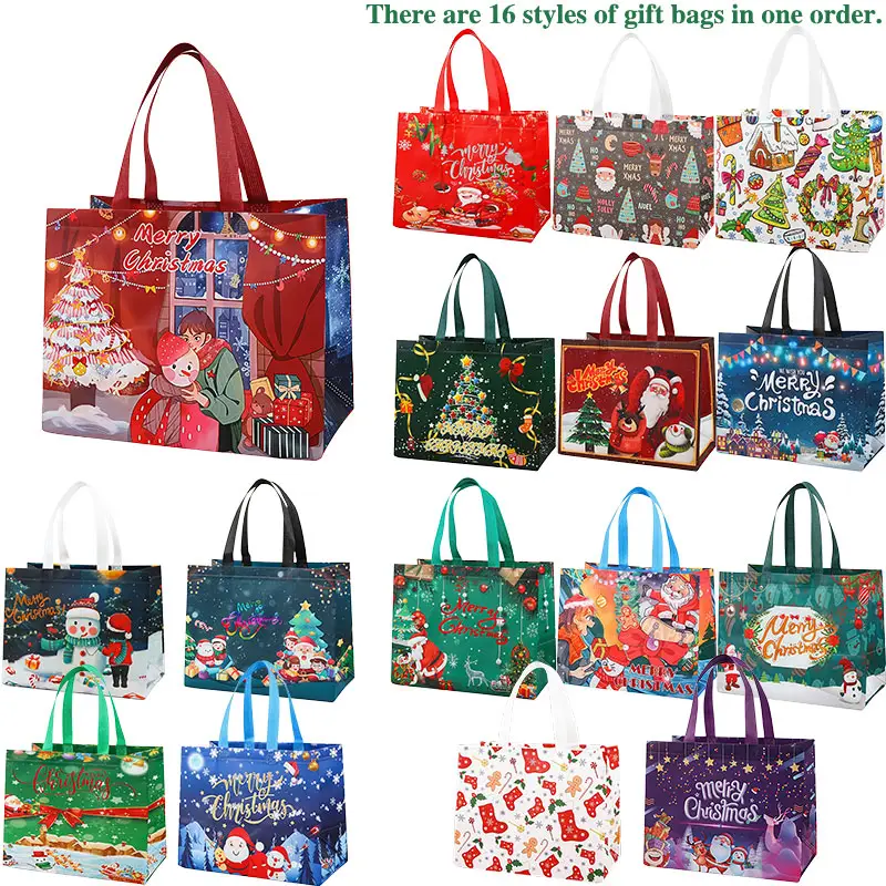 16PCS Christmas Gift Bags With Assorted Patterns. Reusable Non - Woven, Handle - Equipped. Ideal For New Year & Christmas Decor, Perfect For Holiday G