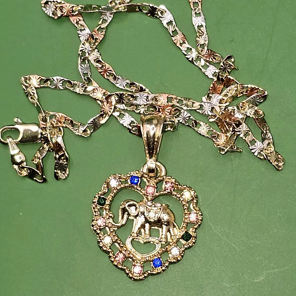 N14-Elegant 1.5 Inches Long Elephant Heart Design Pendant with 3mm 20-Inch Three Color Copper Laminated 14 Karat Gold Chain Jewelry Set for Daily Wear not water resistant