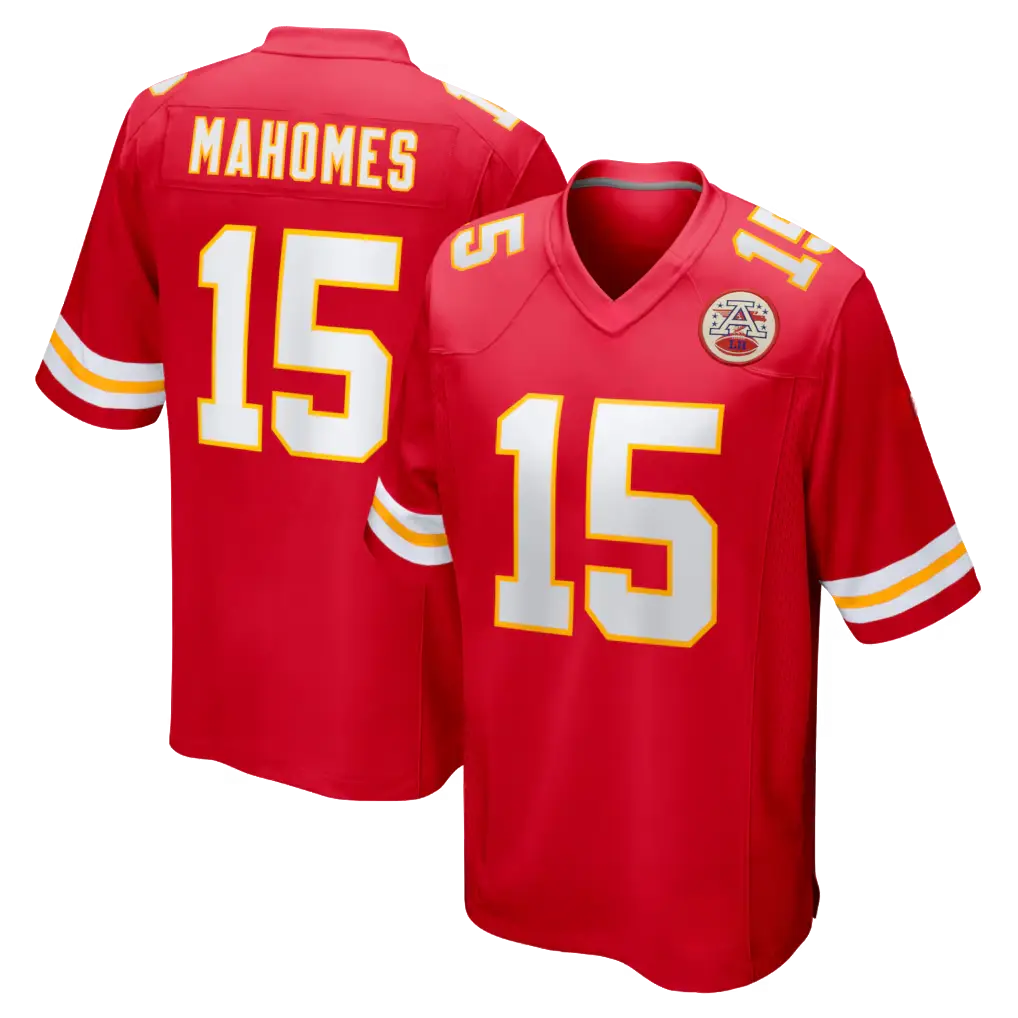 Full Print Kansas CChiefs Red/White Mahomes #15 Royal Football Jersey, Men's Breathable V Neck Short Sleeve Athletic Shirt, Team Game Uniform, Sports Fan Apparel, Unisex Gift for Football Fans
