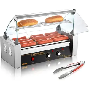 VEVOR Hot Dog Roller 5 Rollers 12 Hot Dogs Capacity, 750W Stainless Sausage Grill Cooker Machine with Dual Temp Control Glass Hood Acrylic Cover Bun Warmer Shelf Removable Oil Drip Tray ETL CertifiedVEVOR Super Brand Day