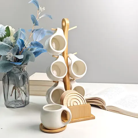 Ceramic Ceramic Mug Kit, 6 Counts Coffee Cup & 6 Counts Spoon & 6 Counts Mat & 1 Count Wooden Cup Holder Set, Drinkware Set for Friend, Kitchen Accessories, Summer for Gift, Kitchen Gadgets