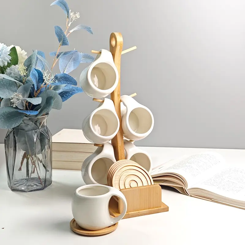 Ceramic Ceramic Mug Kit, 6 Counts Coffee Cup & 6 Counts Spoon & 6 Counts Mat & 1 Count Wooden Cup Holder Set, Drinkware Set for Friend, Kitchen Accessories, Summer for Gift, Kitchen Gadgets