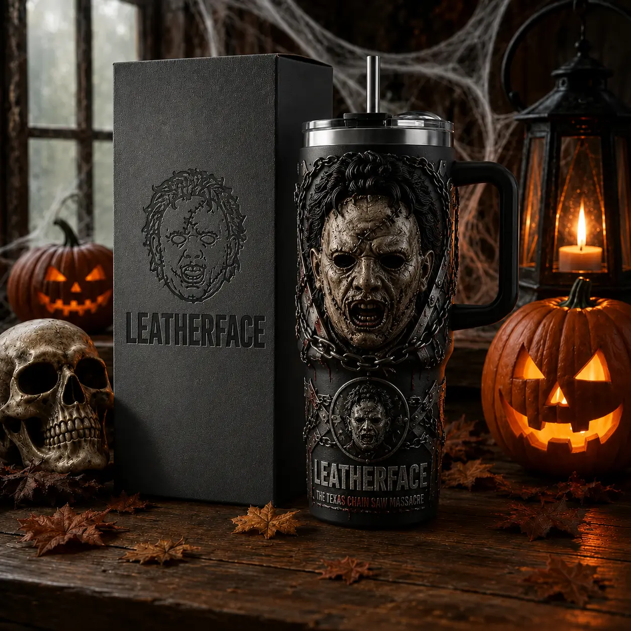 OceanSip4U Leatherface The Texas Chainsaw Massacre 40oz Stainless Steel Tumbler with Handle, Vacuum Insulated Travel Mug, Horror Movie Slasher Cup, Halloween Tumbler, Gift for Horror Fans