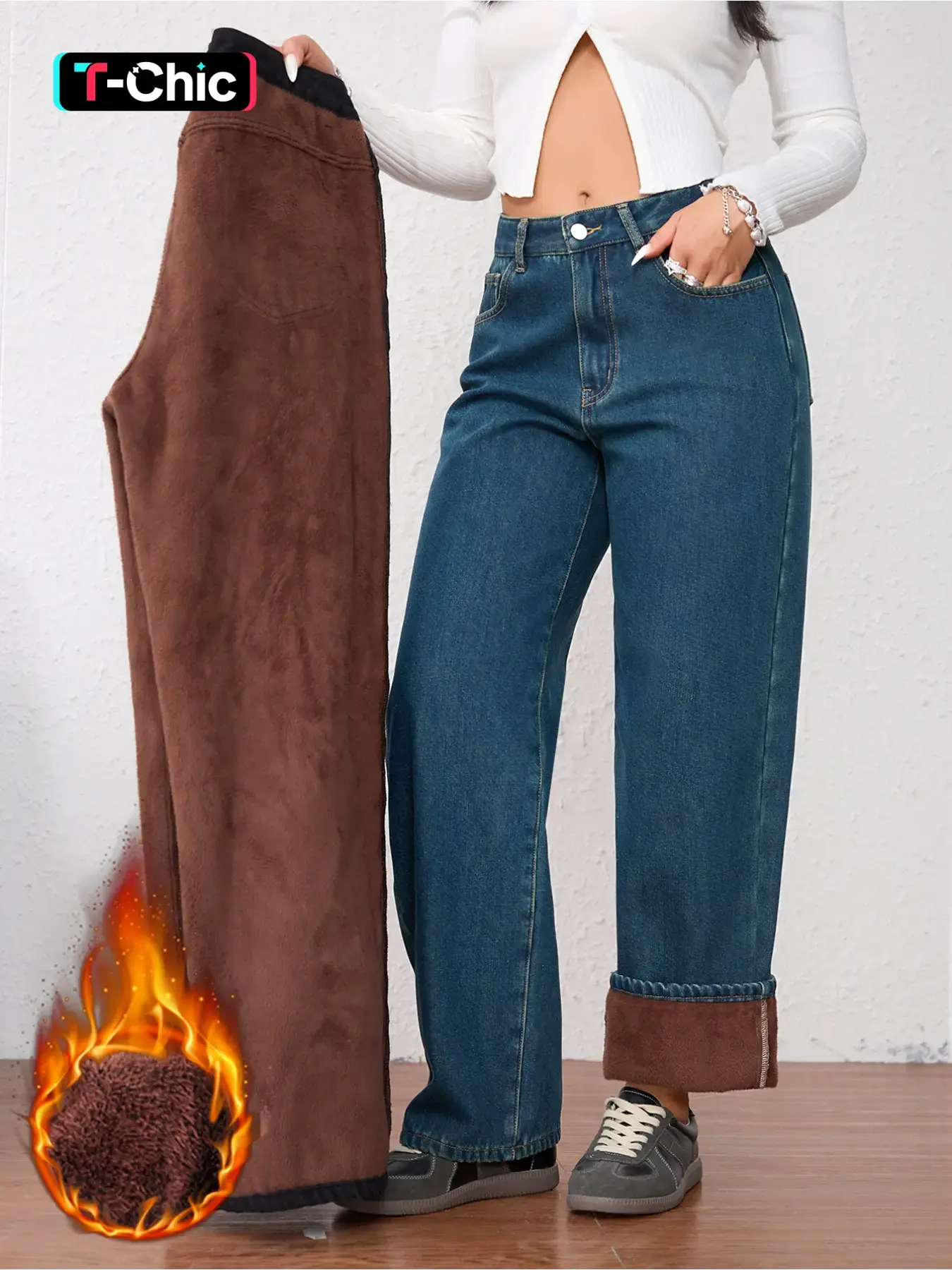 Women's Vintage Chic Fashion Fleece-Lined Thickened Winter Warm Fitted Wide Leg Straight Woven Denim Jeans Trouser Pants Bottom, Elegant Plain Style for Fall & Winter