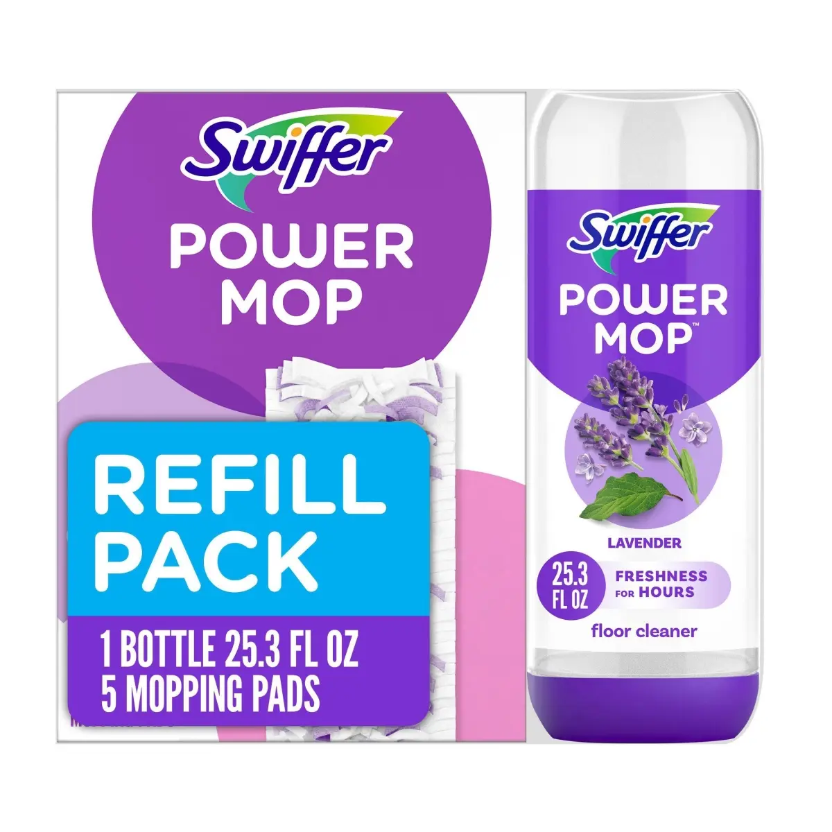 SWIFFER PGC09117 Power Mop All-in-5 Multi-Surface Cleaning Refill, 5-Count Pad Pack with Pre-Mixed Solution and Scrubbing Strips