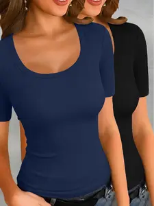 Ribbed U-Neck Short Sleeve T-Shirt 2-Piece Set, Casual Fitted Solid Pattern, Comfortable Breathable Daily Wear, Perfect for Summer