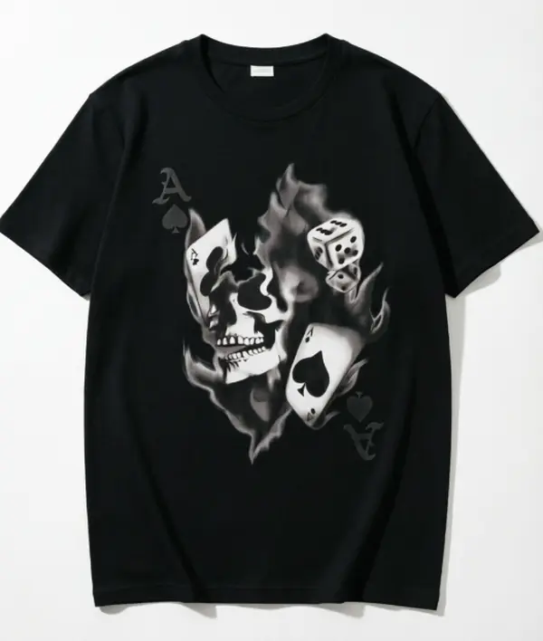 Dark Flame Skull Spade A Poker Dice Graphic T-Shirt Men Street Club Outfit 100% Cotton Oversized Unisex Short Sleeve Tee