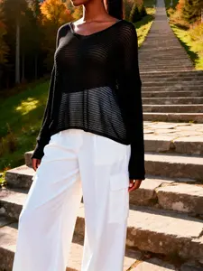 Women's Summer Boho Style V-Neck Knit Pullover Sweater, Plus Size Casual Loose-Fitting Top, Vacation Wear, Fashionable and Comfortable