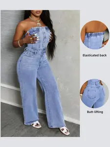 Women's Halter Denim Wide Leg Jumpsuit Overalls, Fit, Button, Elastic, Belt, Casual Summer, Comfortable and Stylish, Perfect for Daily Wear