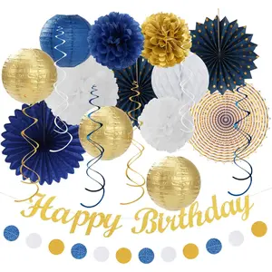 Navy-Blue White  Birthday Party-decorations - 21 count Men Boys Adult Happy Banner Garland, Royal Paper Streamers Lanterns,Flower Tissue Pom Poms Fan Supplies, Wall Backdrop Decor