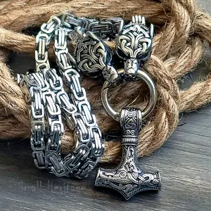 Men's Small Heritage Viking Wolf Head Mjolnir Necklace Stainless Steel Norse Jewelry Thor Hammer Geri Freki