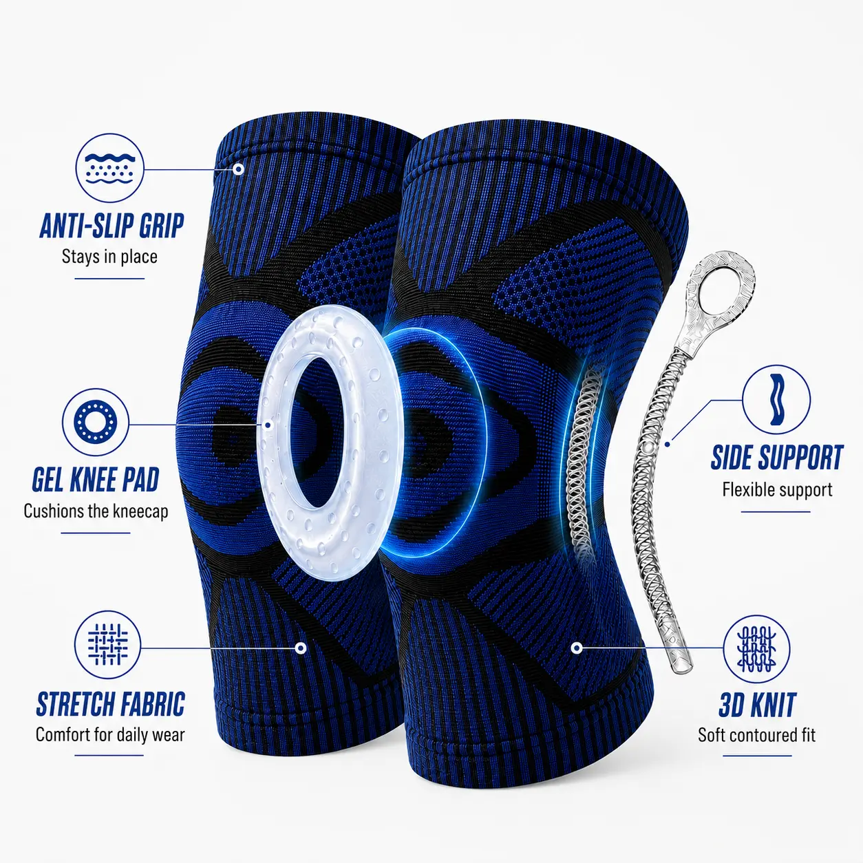 2 PACK Knee Compression Sleeves, 3D Knit Nylon Support Brace with Gel Patella Stabilizer, 4-Way Stretch Compression Fit for Jumps & Running Knee Booster,Knee Supporter,Knee Wrap
