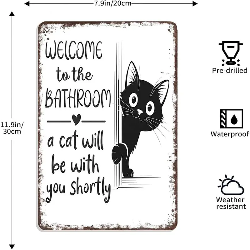 Vintage Black & White Cat Wall Art - "Welcome To The Bathroom" Funny Metal Tin Sign - Retro Bathroom Decor With Cat Design - Aluminum Tin Sign For Restroom 8x12in summerwins
