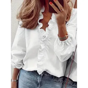 Women's V-Neck Ruffle Hem Blouse - Long Sleeve Casual Shirt Solid Color Top Elegant  Fabric for Everyday Wear