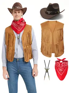 4Pcs/Set Men's Western Cowboy Pioneer Costume Vest Set With Hat, Bandana, And Bull Head Necklace, 1800s Frontier Rancher Outfit For Halloween, Wild West Role Play, Rodeo, Country Music Festivals, And Western Theme Parties