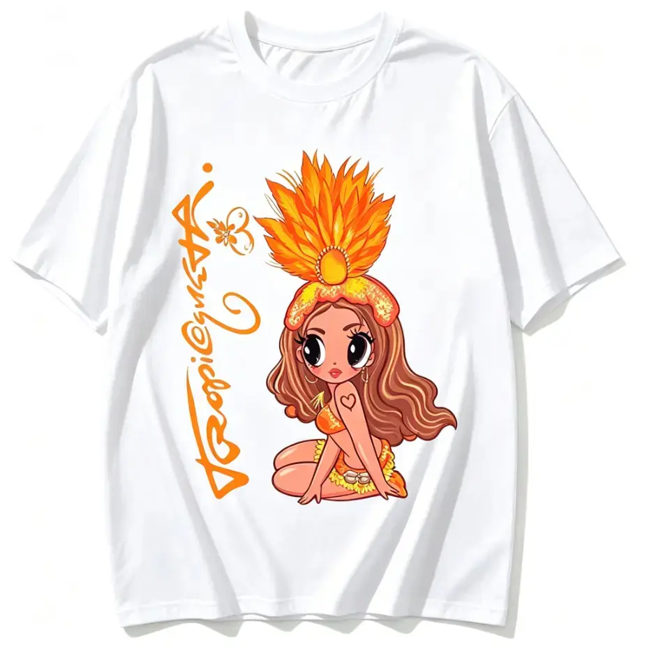100% Cute Orange Feather Headdress Tropical Hawaiian Hula Girl Cartoon Tropicguatra Cursive Script Graphic T Shirt Summer Vacation Exotic Beauty Print Loose Fit Lightweight Cotton Short Sleeve Women Casual White Tee