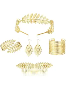 Greek Goddess Accessories Set for Women, Elegant Jewelry Set, Plated, Includes Laurel Leaf Headband, Arm Cuffs, Bracelets & Earrings