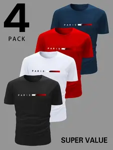 4-Pack Men's Quick-Dry Sport T-Shirts, Lightweight Breathable Moisture-Wicking, Round Neck Training Tops for Running, Gym, Basketball, Soccer, Cycling, Athleisure Tee, Fitness Training Wear