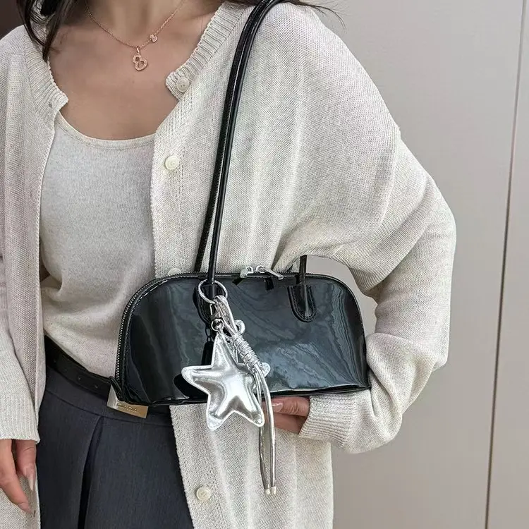 Glossy Patent Leather Baguette Shoulder Bag, Long Wide Top Strap Zipper Closure Minimalist Daily Underarm Handbag